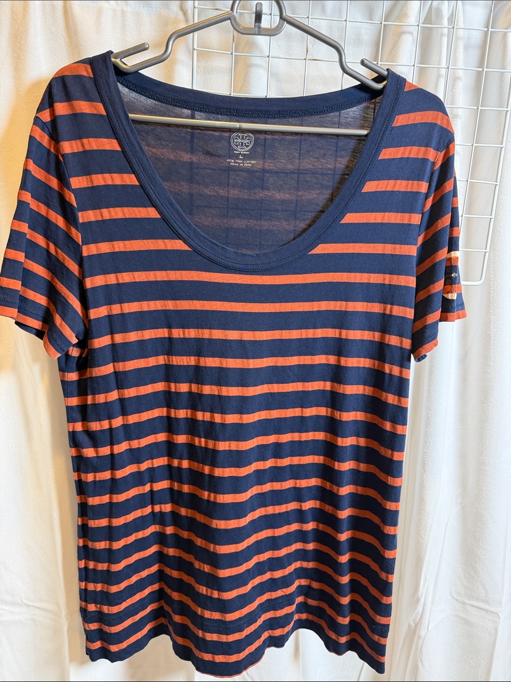 Tory Burch Navy and rust Striped Tee Shirt large 100% cotton crew
